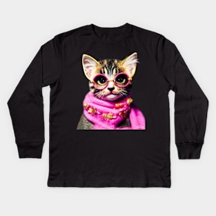 Kitten with pink scarf and glasses Kids Long Sleeve T-Shirt